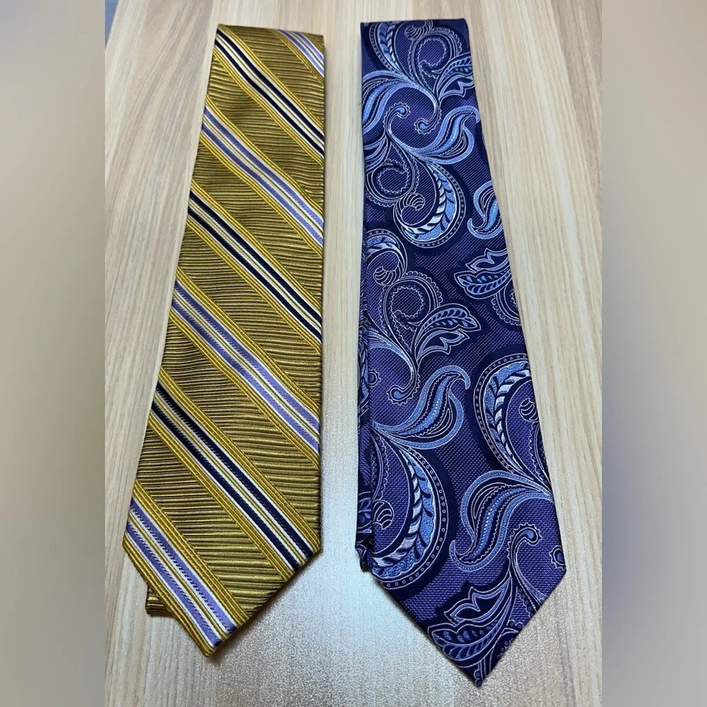 Jos A. Bank set of 2 Gold Purple stripe and Periwinkle Paisley Men's Ties silk